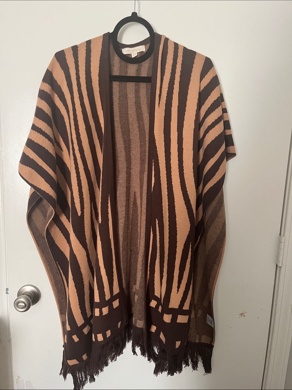 Striped Fringe Poncho in Brown and Tan
